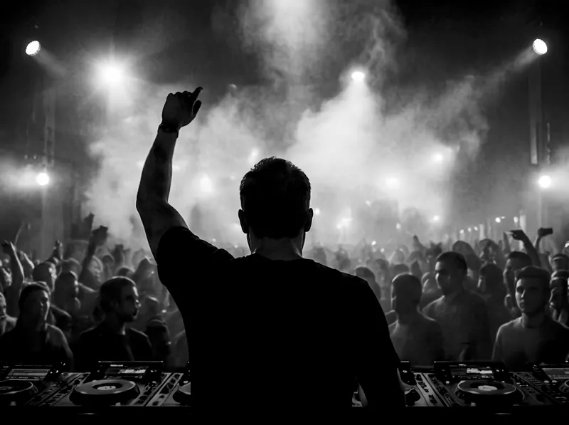 MRCIER behind the decks, arm raised, facing the crowd under the lights